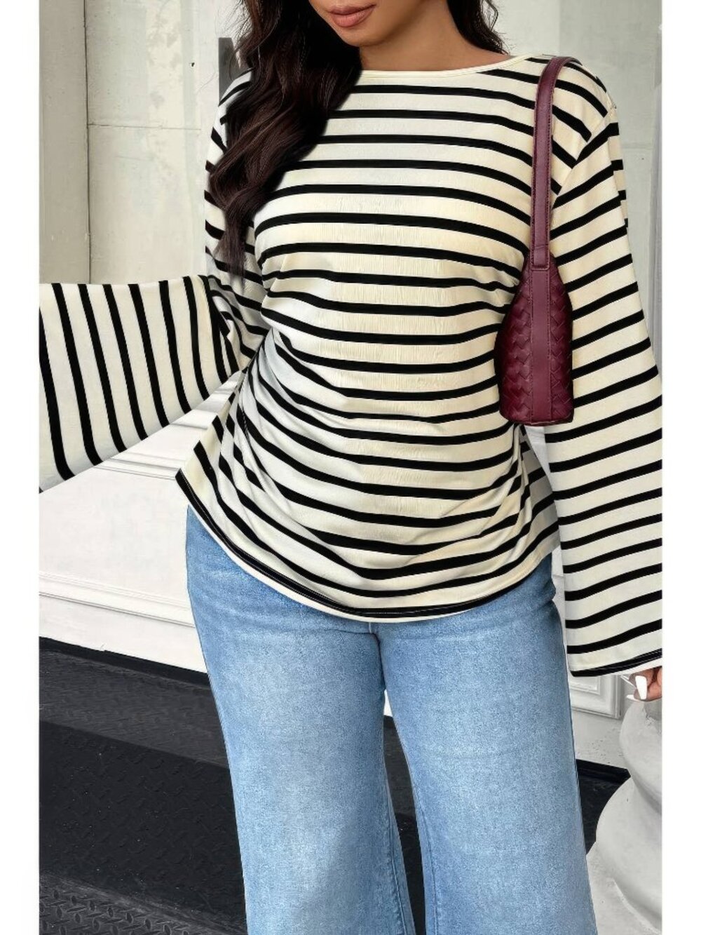Women's Wide Long Sleeves Strip Fit Shirt Plus Size